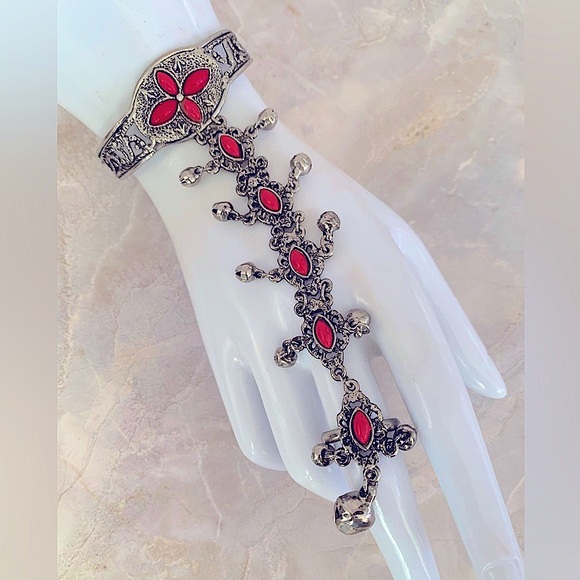 Red and Silver Ornate Slave Cuff Bracelet and Ring with Bell charms - Picture 1 of 9